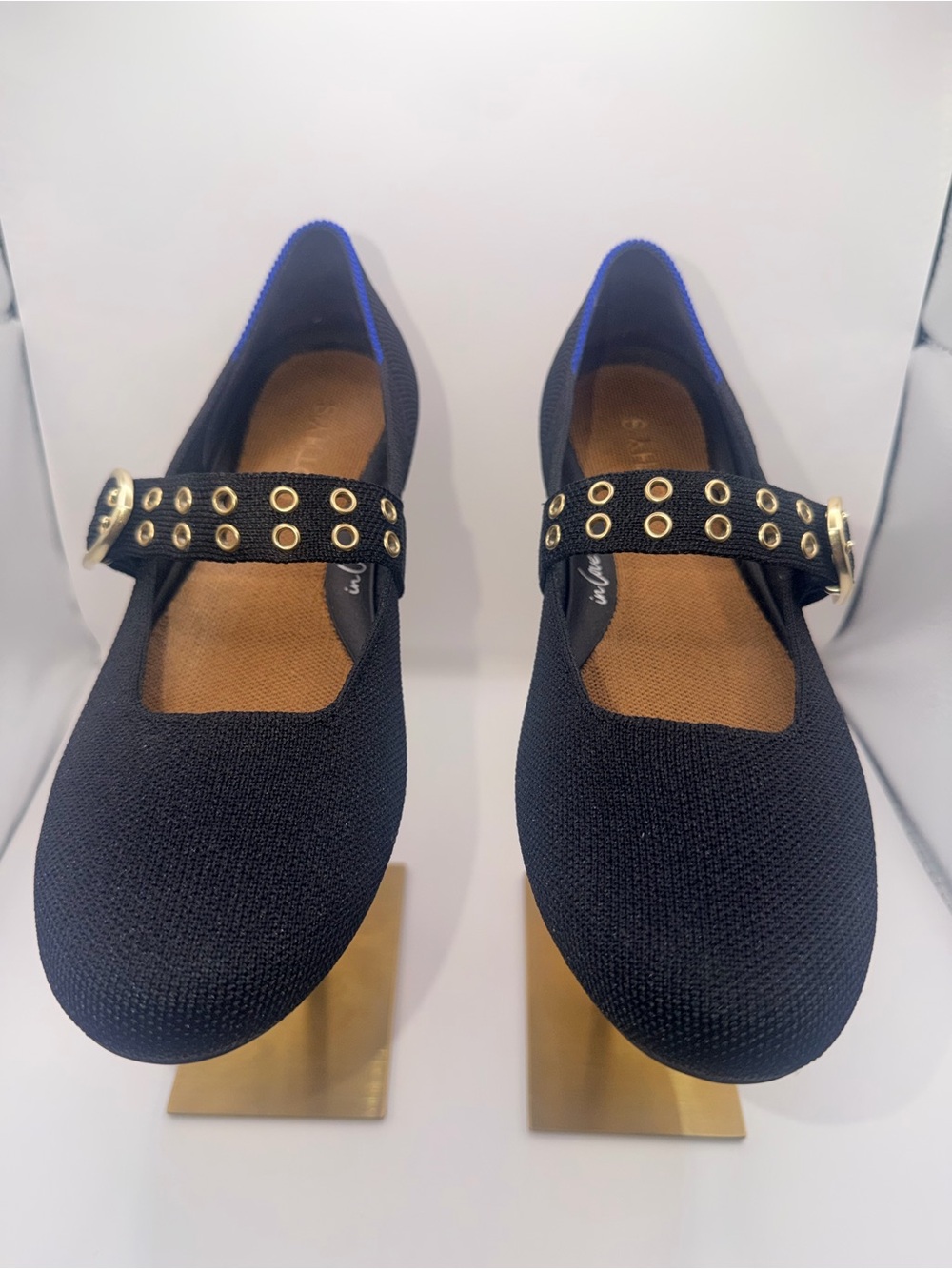 Rothy's Navy Knit Mary Jane Flats with Gold Eyelet Strap
